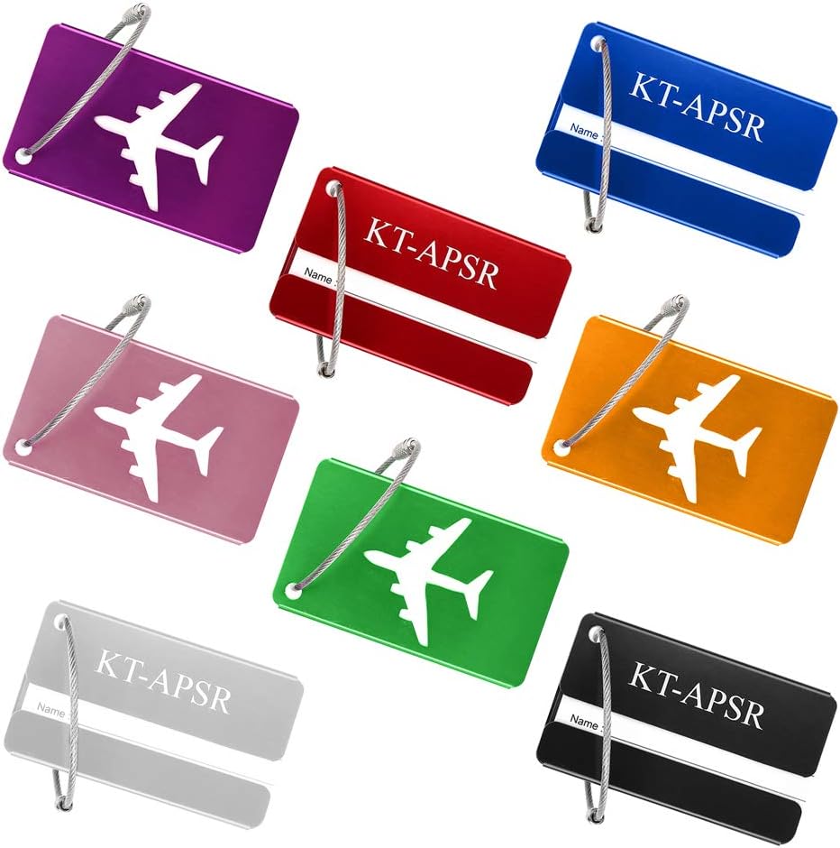 8Pcs KT-APSR Luggage Tags Set with Name ID Card, Upgrade Durable Travel Bags Tags, Metal Suitcase Tags with Strings: Office Products