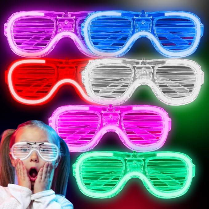 6 Pcs Neon Glasses - LED Shutter Shadeds Flashing Glow Sunglasses for 80s 90s Funny Shutter Glasses, Rave Party, Concert, Xmas, Halloween, New Years Eve