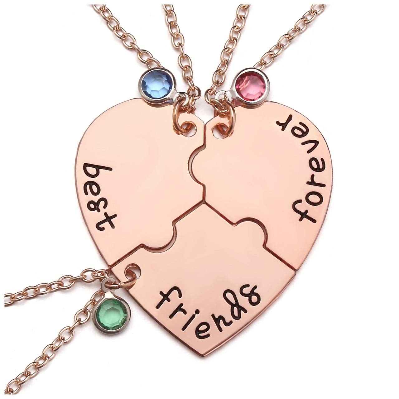 JSDDE Alloy Rhinestone Best Friends Forever and Ever BFF Necklace Engraved Puzzle Friendship Pendant Necklaces (Rose Gold-3pcs/set)
