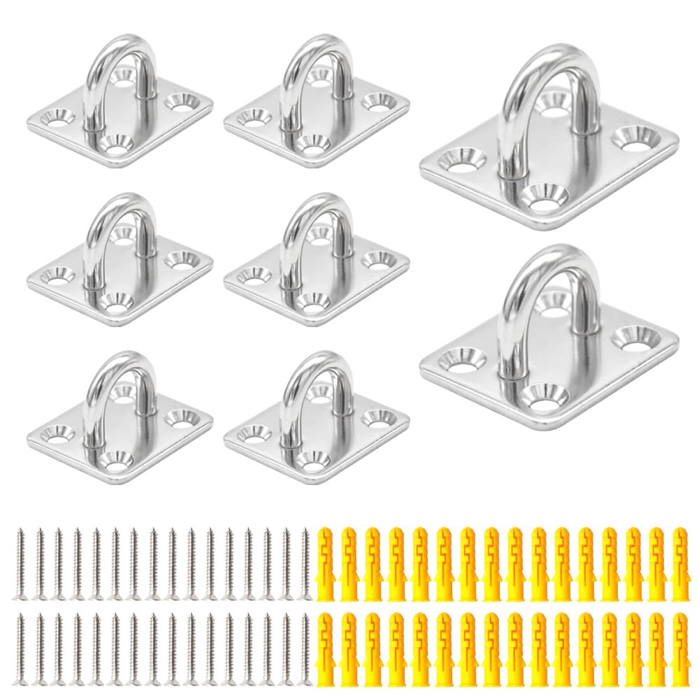 CEEYSEE 8Pcs Pad Eye Plate Hooks/Loops M5 304 Stainless Steel Suspension Ceiling Hook Staple Wall Ceiling Hammock Hooks Hanger for Wall Ceiling Hanging,with Screws (U/M5/FXG)
