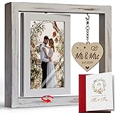 Mr & Mrs EST 2025 White Wedding Picture Frame Gift for Newlywed Couples, Bridal Shower Gifts for Bride to Be, Rotating Floating Engagement Wedding Valentine Photo Frames Gifts for Couples 4x6