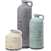 Ceramic Vintage Vase Set of 3 with Handle, Rustic Farmhouse vase for Home Decor,Living Room,Centerpieces, Fireplace, Entryway, Bookshelf, Bathroom