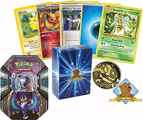 50 Pokemon Card Lot and Alola Tin Starter Set Featuring Lunala GX! Includes Energy, Foils, Rares and Collectible Coin! By Golden Groundhog