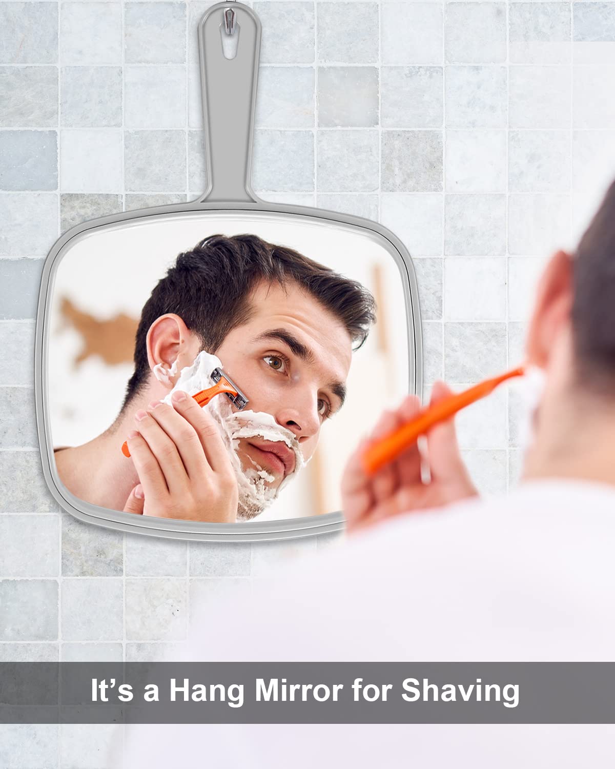 PROTECLE Extra Large Hand Mirror, Salon Barber Hairdressing Handheld Mirror with Handle (Square Grey 9