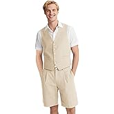UNINUKOO Men's Linen Suit 2 Piece Vest and Shorts Suits for Men Summer Beach Weddings Set Dress Casual Party Tuxedo Suit Set
