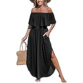CUPSHE Women's Knit Ruffle Maxi Cover Up Dress Off Shoulder Split Hem Summer Dresses Cover Ups with Pockets