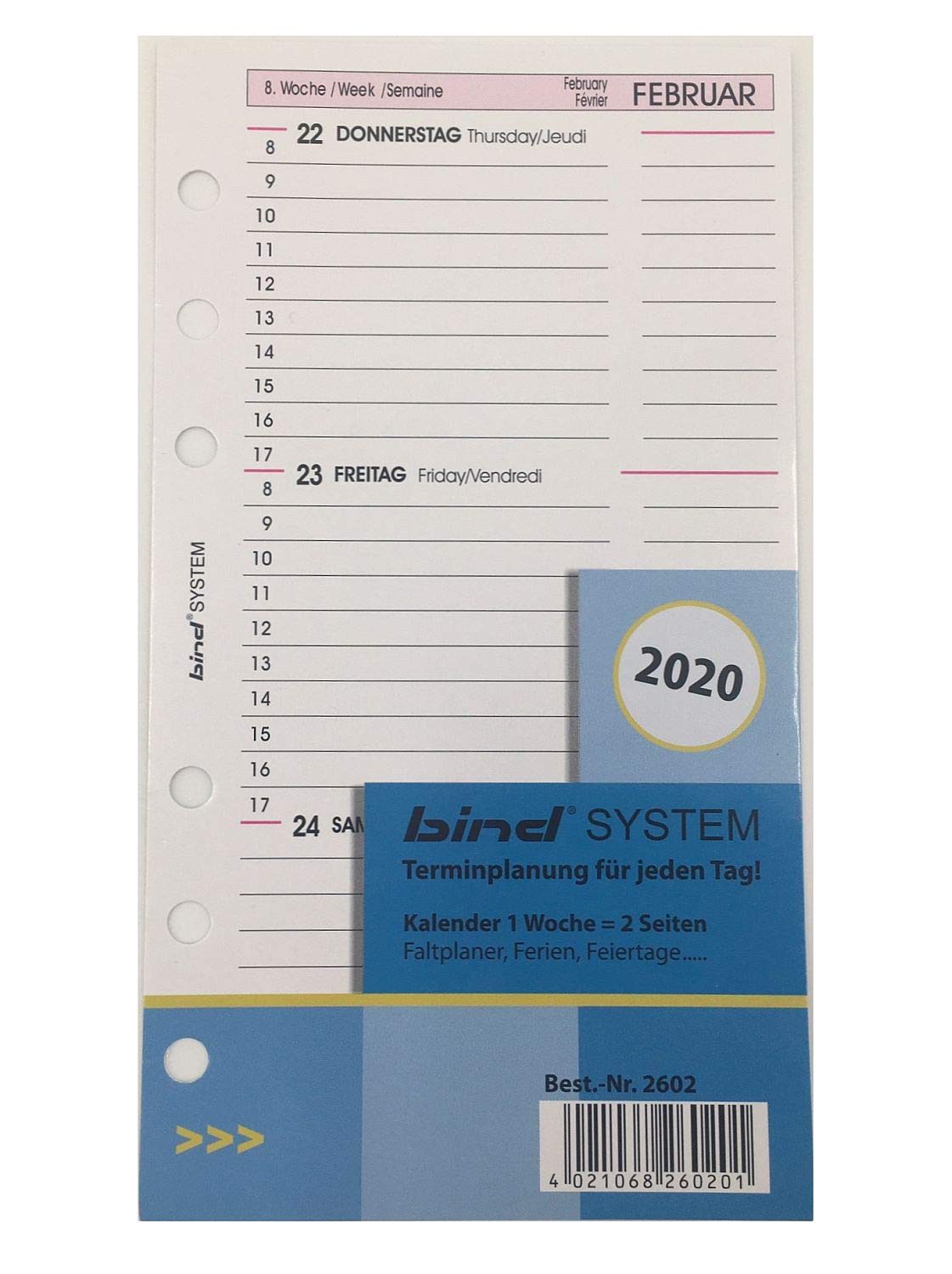 BIND B260220 – Calendar Insert for Manager Calendar A6 – Year 2020, 1 Week / 2 Pages, Diary with System