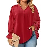 Eytino Plus Size Tops for Women Sexy V Neck Smocked Long Sleeve Blouse Loose Casual Work Shirts(1X-5X)