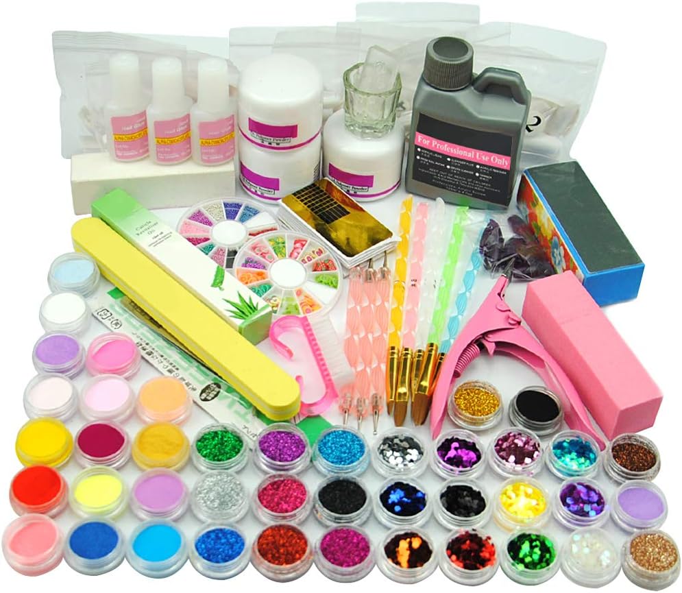 COSCELIA Acrylic Powder Liquid Brush Glitter Clipper Primer File Nail Art Tips Set