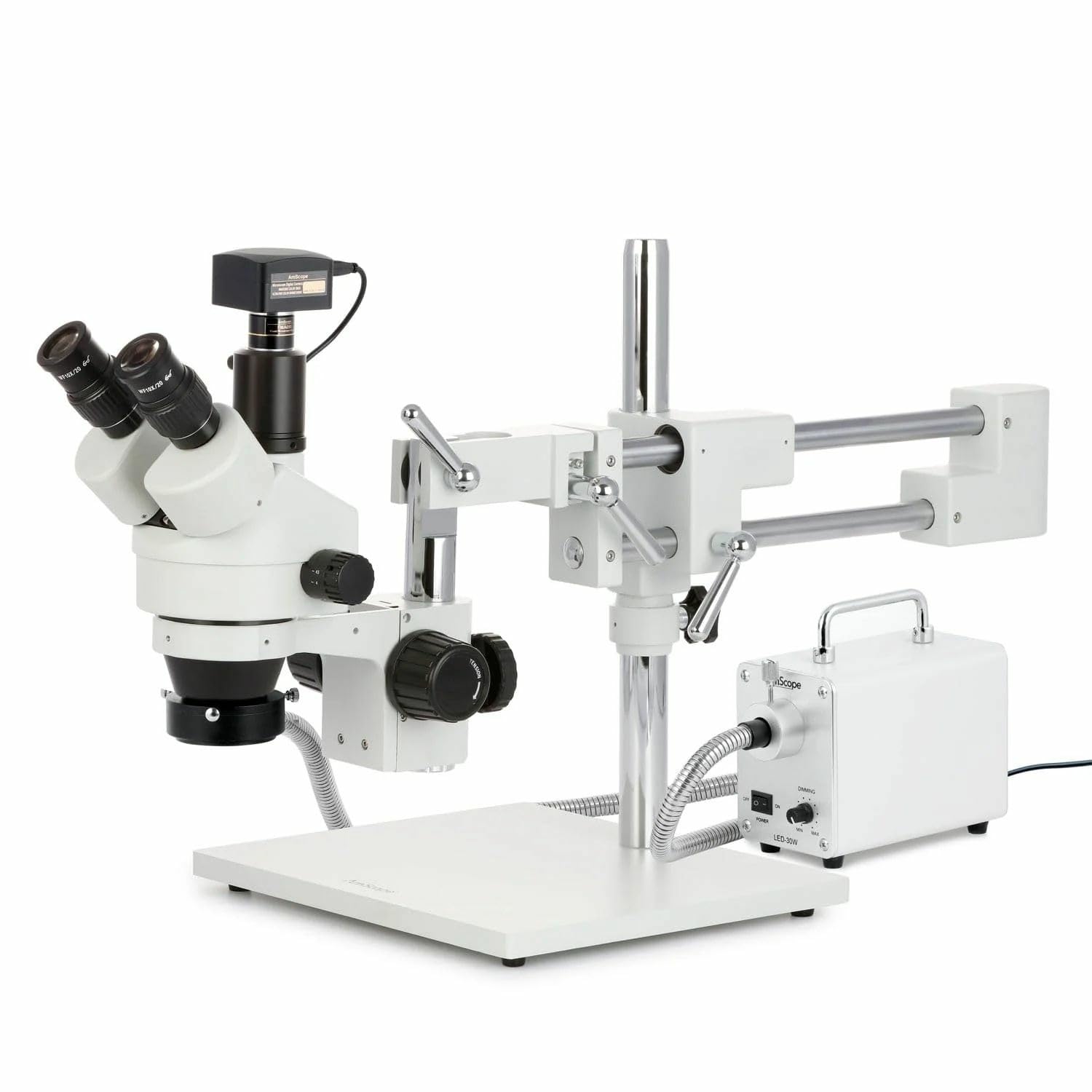 AmScope - Microscopio estéreo con brazo trinocular simultáneo 3,5X-180X con fibra óptica LED + cámara USB 3.0 de 18 MP - SM-4TPZZ-30WR-18M3