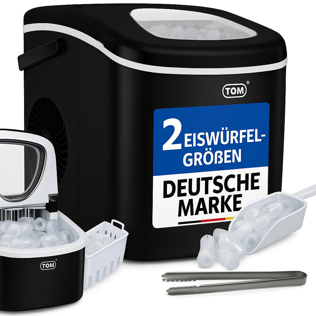 TOM Eiswürfelmaschine – 9 Eiswürfel in 6-8 min – 12 kg/24 h – 2 Würfelgrößen – Ice maker Eiswürfelmacher mit 1,3 l Wassertank – LED-Display – Inkl. Zubehör & Eiszange als Geschenk – Eiswürfelmaschine