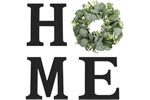 PINKPUM Wood Home Sign with Artificial Eucalyptus Wreath for O, Hanging Farmhouse Wall House Decor Wood Letters for Wall Art Rustic Home Decor, Wall Decor for Living Room Kitchen Entryway (Black)