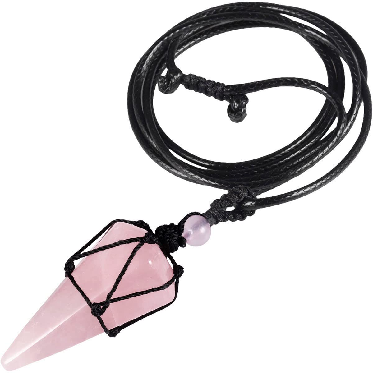 KYEYGWO Hexagonal Crystal Pendant with Adjustable Leather Cord, Polished Pointed Quartz Stone Healing Necklace Reiki Pendulum Chain, Rose Quartz