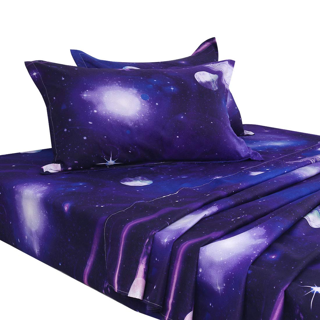 PiccoCasa Galaxy Bed Sheet Set,4 Piece Soft Polyester Microfiber Bedding Set,Including 3D Space Star Theme Bed Sheet & Fitted Sheet with 2 Pillowcases Purple King