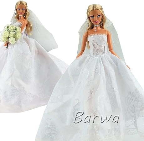 Amazon Barwawa バービー用結婚式 飾り バービー用 ウェディングドレス 1 6ドール用ウェディングドレス 人形用 アクセサリー ドール用ドレス 服 手作り ベール付き ドレス アクセサリー おもちゃ
