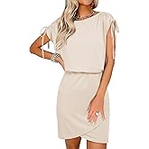 Dokotoo Womens 2024 Summer Dress Drawstring Cap Sleeve Crew Neck Wrap Bodycon Dresses Mini Short Dress