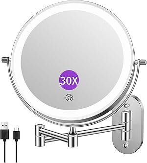 FUNTOUCH 4000mAh Wiederaufladbar Kosmetikspiegel mit Beleuchtetung, 1X 30X Spiegel Vergrößerung Wandmontage, Dimmbarer Rasierspiegel 3 Farben, Touchscreen, 360° Drehbar, Schminkspiegel für Badezimmer