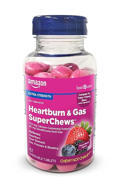 AMAZON BASIC CARE HEARTBURN & GAS SUPERCHEWS CHEWABLE TABLETS, MIXED BERRY, 82 COUNT (PREVIOUSLY SOUNDHEALTH)