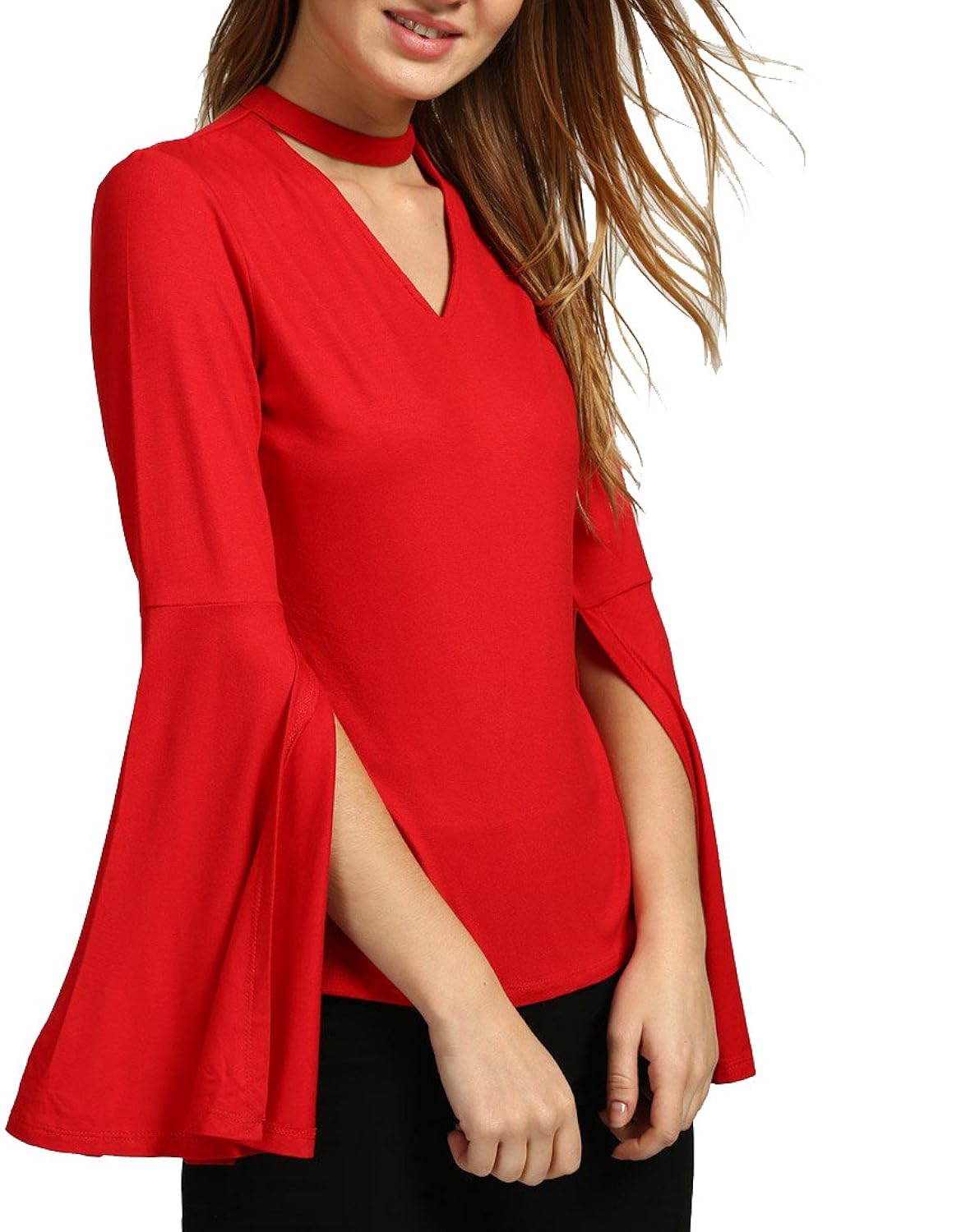 era style red v neck full sleeve top for women western wear