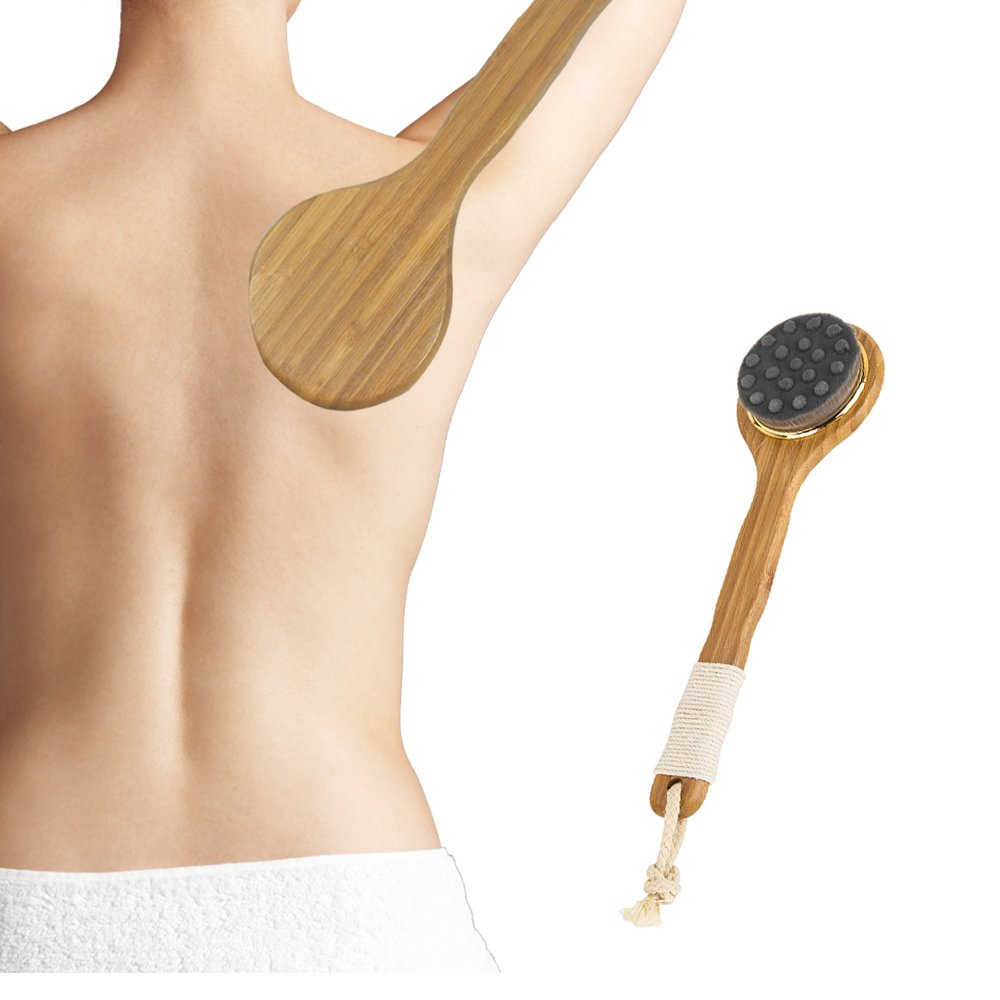 Loofah Back Scrubber &Soft Bath Body Brush with Long Non-slip Bamboo Handle Massage Brush Exfoliating Skin Care-Bath Brush,Charcoal Fibre Facial Cleasing Brush,Anti Cellulite bath Shower Brushing