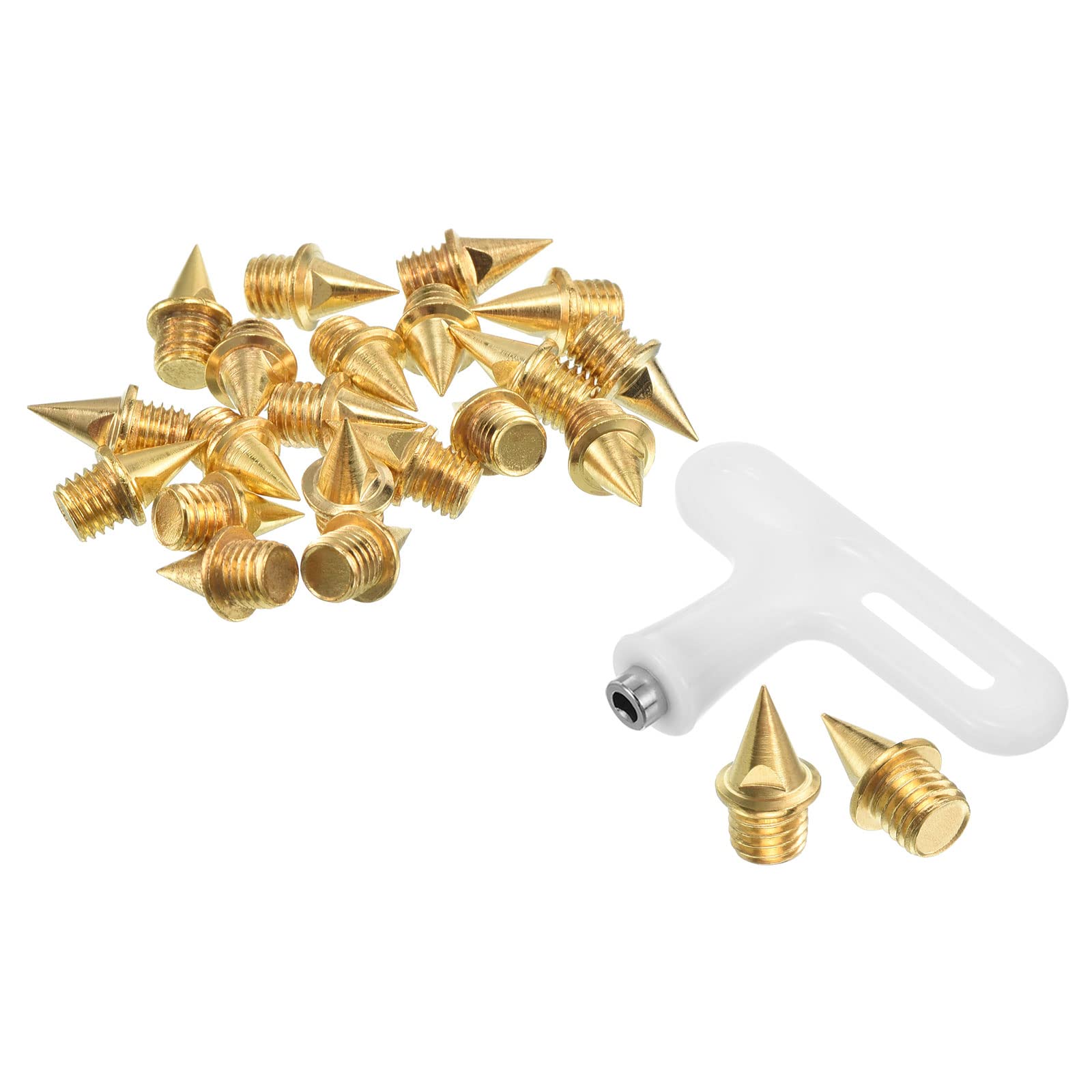 PATIKIL 1/4 Inch Steel Track Spikes, 20 Pack Conical Sports Shoes Spikes Replacement Accessories with Spike Wrench for Long Jumping Running, Gold Tone