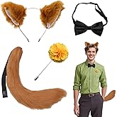 Carreuty 4pcs Fox Ears and Tail Costume Set for Kid with Bow Tie and Floral Pins, Adult Fun Animal Dress-Up Kit for Cosplay Fans and Movie-Inspired Looks