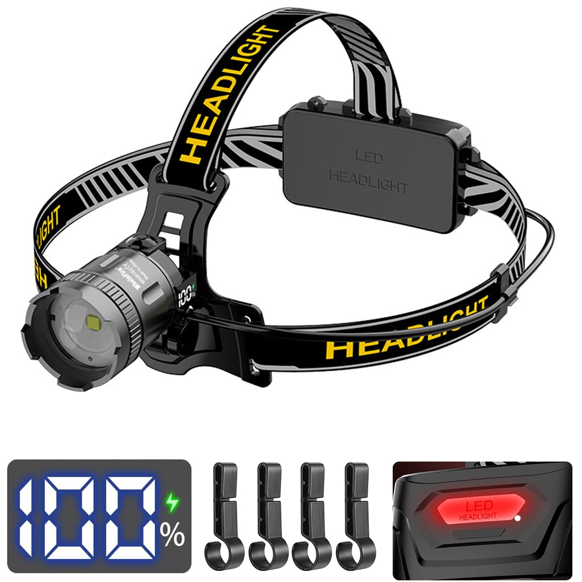 WholeFire Head Torch,Rechargeable Headlamp Super Bright 30000 Lumens 3 Lighting Mode,Display Screen Head Torch,Hands-Free Flashlight for Working,Camping,Running