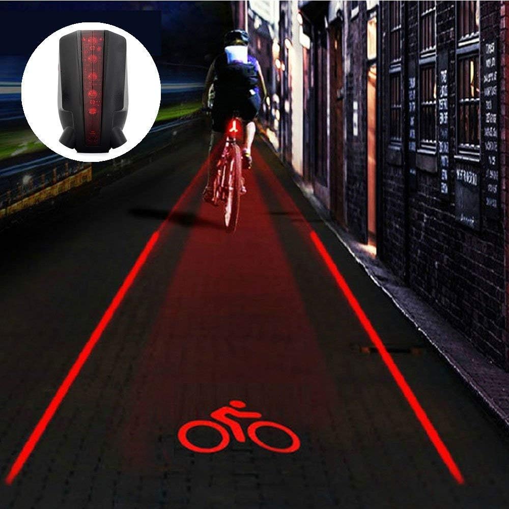 CHEKIDO Waterproof LED Bicycle Night Light with 2 Laser + 5 LED Bicycle Beam Light with Cycle Logo Safety Warning Red Rear Lamp (1 Pc)