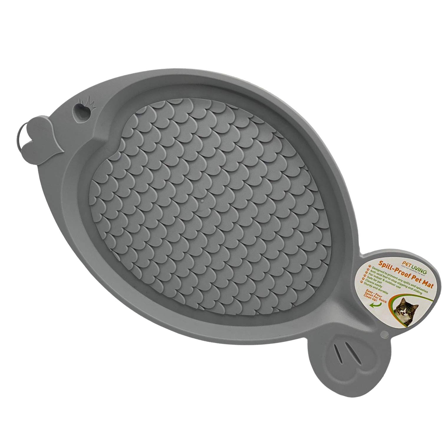 Cat Spill Proof Pet Feeding Mat Tray Anti Skid Feet Fish Shape Food Bowl Mat for All Cats & Kittens (Steel Grey)