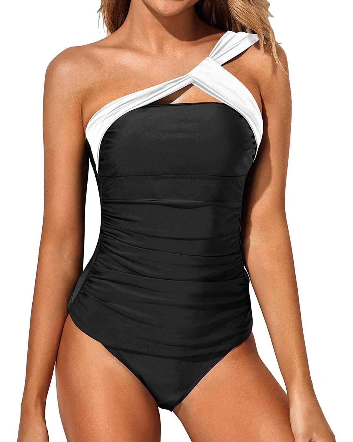 Photo 1 of (XL) (USED/FAIR) Tempt Me Black White Two Piece Tankini Bathing Suits for Women One Shoulder Swim Top with Bottom Swimsuits XL