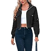 Fisoew Women's Cropped Bomber Jackets Lightweight Zip Up Stand Collar Long Sleeve Short Jacket with Pockets