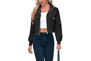 Fisoew Women's Cropped Bomber Jackets Lightweight Zip Up Stand Collar Long Sleeve Short Jacket with Pockets