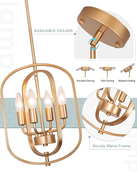 JHLBYL GOLD CHANDELIER LIGHT FIXTURE, 4-LIGHT MODERN FARMHOUSE CHANDELIERS FOR DINING ROOM LIGHTING FIXTURE INDUSTRIAL CEILING PENDANT FOR KITCHEN ISLAND LIVING ROOM BEDROOM ENTRYWAY