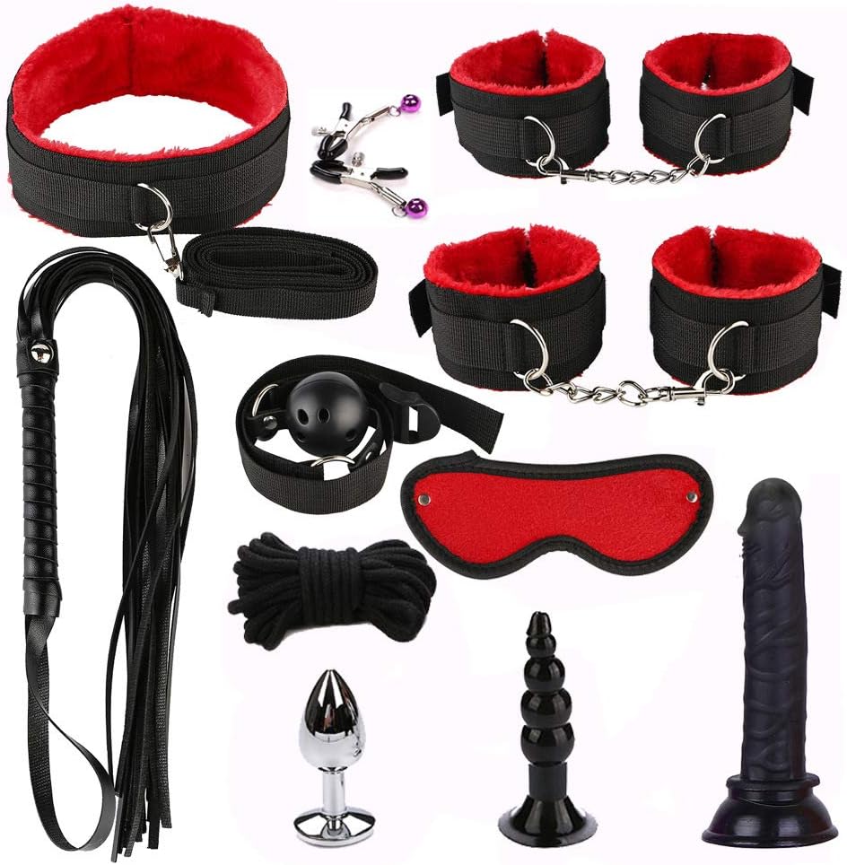 11 PCS New Plush Set Toy Suit Nylon Leather Kit Special Bundled Binding Set New Yoga Plush Leather Set Kit for Couple Adult Sexy Suit Plush Set Sexy Toy Nylon Leather Suit for Men and Women (red)