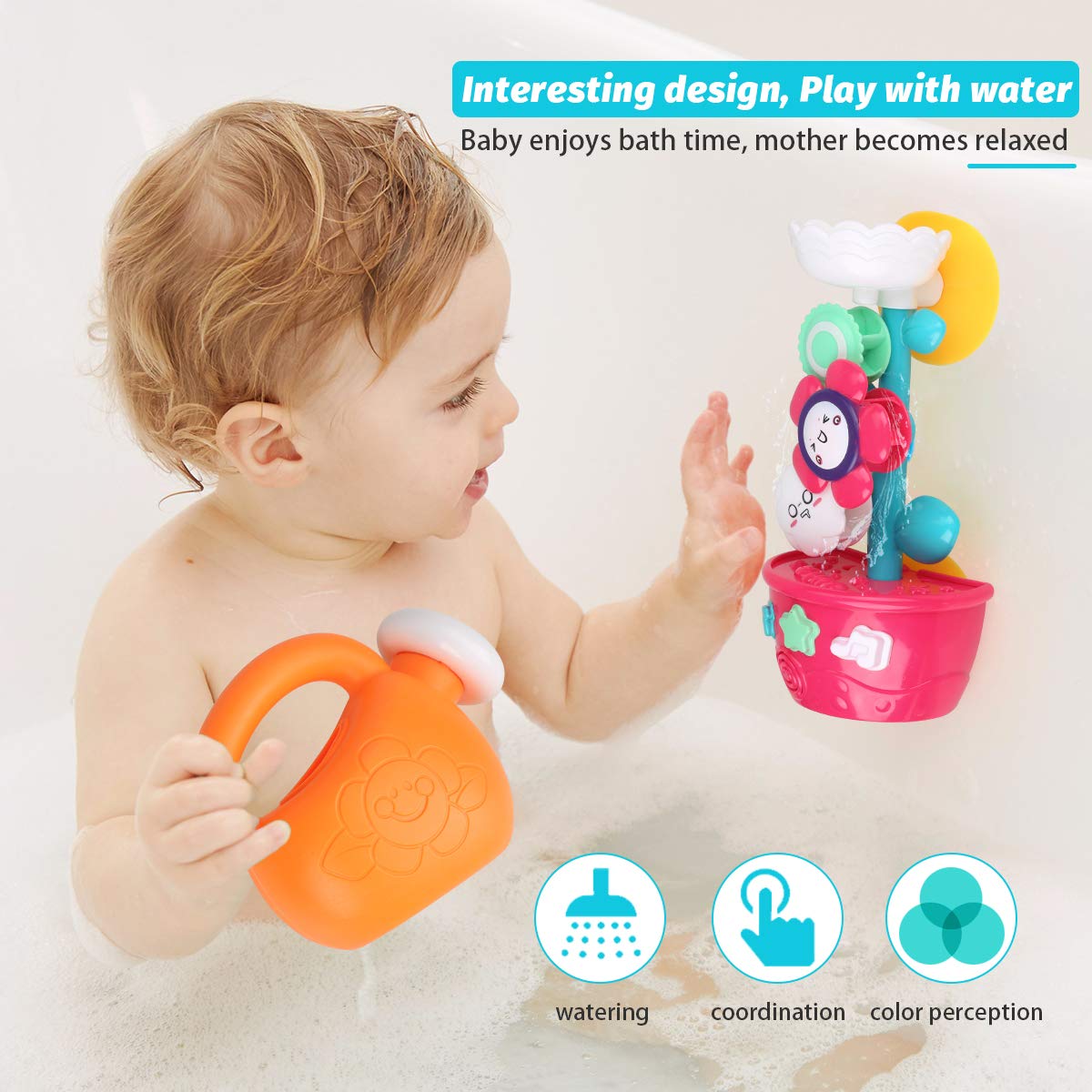 Bath Toys Toddlers Bathtub Toy Flower Bath Toy for Babies Kids 1 2 3 Year Old Girls Boys Bath Wall Toy 1 Mini Sprinkler 2 Toys Cups Fill Flow and Spin with Strong Suction Cups Color Box Gift Ideal