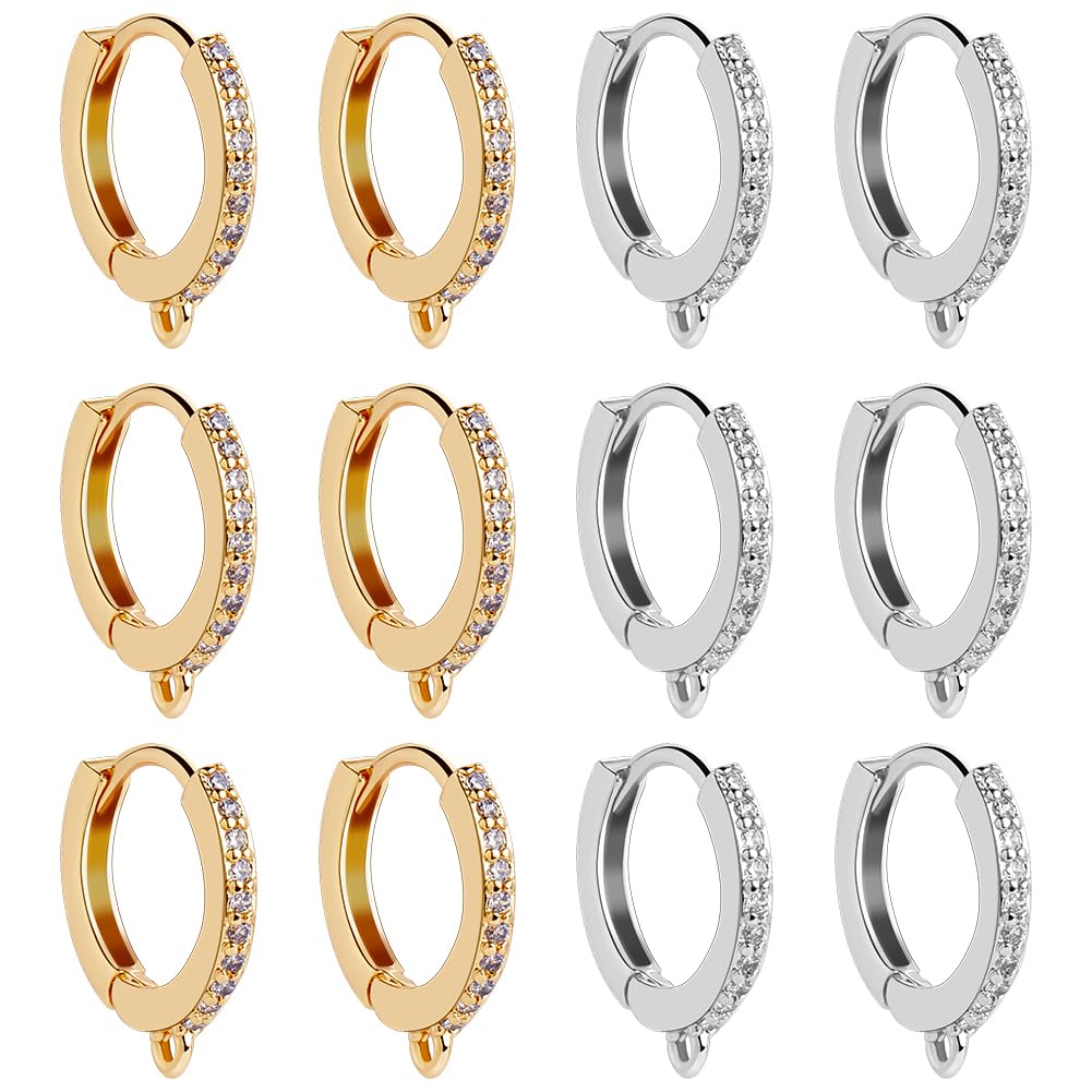 Beebeecraft 1 Box 12Pcs Round Leverback Hooks Gold and Platinum Plated Brass Cubic Zirconia Huggie Hoop Earrings Findings 2 Colors French Ear Wires Hoops with Loop for DIY Jewelry Making