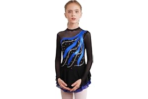 Oyolan Kids Girls Figure Ice Skating Dress Mesh Splice Long Sleeve Rhinestone Ballet Dance Skating Competition Costume