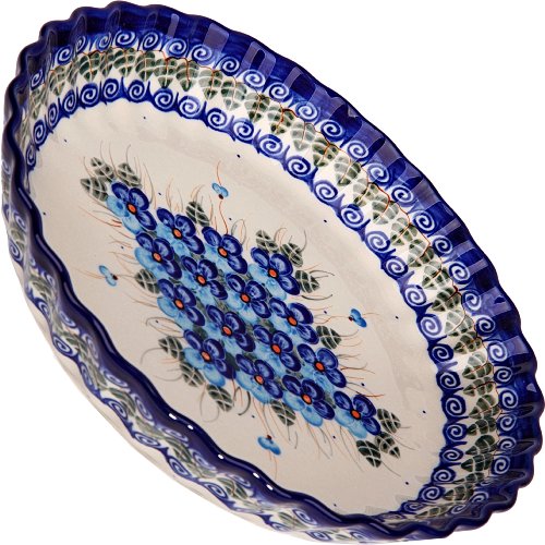 Polish Pottery Ceramika Boleslawiec,  1212/162, Pie Baker Small, 9 7/8 Inches in Diameter - 4 Cups, Royal Blue Patterns with Blue Pansy Flower Motif