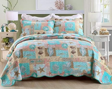 Amazon Com Erosebridal Seashell Beach Bedding Quilt Set Queen Full Underwater Theme Comforter Set 100 Cotton Seaweed Bedspread Cartoon Fish Quilt Bedding Seascape 3 Piece Quilted Coverlet Set With Shams B Home Kitchen