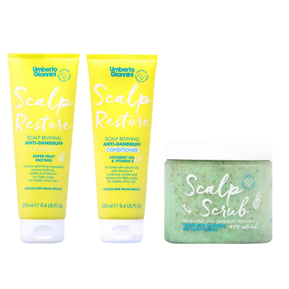 Umberto Giannini Scalp Rescue Kit, Vegan & Cruelty Free Scalp Restore Shampoo, Conditioner & Scalp Scrub Bundle, 3 Pack