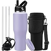 Insulated Water Bottle 32oz with Strap, Water Bottle with Straw & Top Handle for Hot 24h & Cold 48h, Stainless Steel Leakproof Travel Flask, Purple Thermal Cup Fits in Cup Holder