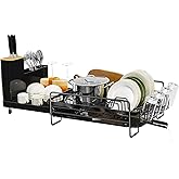 Runnatal Dish Drying Rack Extendable, Large Dish Rack with Drainboard, Utensil Holder, Cup Holder, Expandable Dish Drainer for Kitchen Counter, 20.5"-27.6" L x 12.6" W