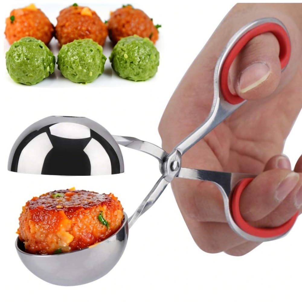 VIFER Meatball Maker Stainless Steel None-Stick Meat Baller Tongs Meatball Scoop Cake Pop, Ice Tongswith Anti-Slip Handles for Cookie Dough Ice Cream Fruit (Red)