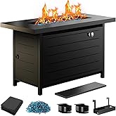 Ciays 43″ Propane Fire Pit with Glass Beads & Lid, 60,000 BTU CSA-Certified Gas Fire Pits with Cup Holders, Hanging Shelf & Nylon Cover, Large Fire Pit Table for Patio/Porch/Deck, Black