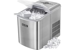 KUMIO Stainless Steel Ice Makers Countertop, 33 Lbs in 24 Hrs, 10 Bullet Ice Ready in 6-8 Mins, Automatic Self-Cleaning, 2 Sizes of Bullet Ice for Home Kitchen Office Bar Party