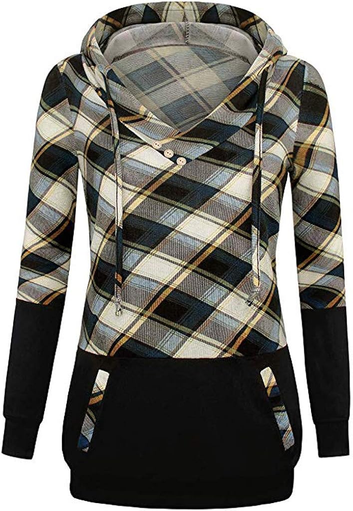 ZEFOTIM Women Hoodies, Women Long Sleeve Plaid Pullover Color Block Hooded Kangaroo Pockets Shirt Top: Clothing