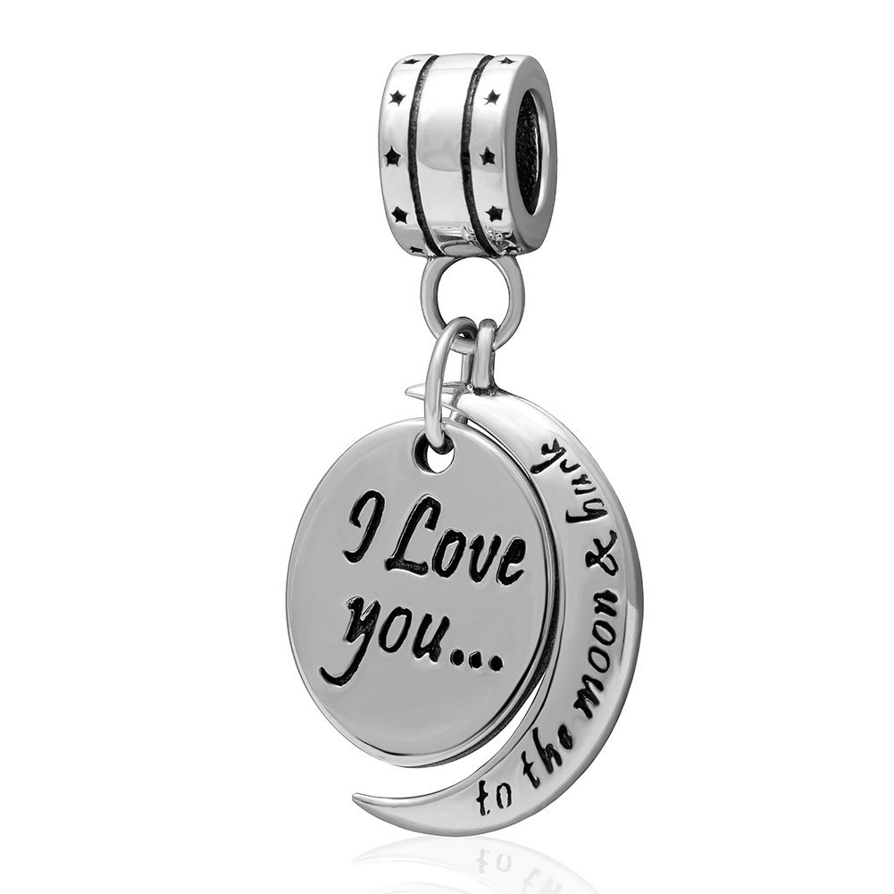 I Love You to The Moon Back Charm 925 Sterling Silver Heart Charn Anniversary Charm for Pandora Charm Bracelet