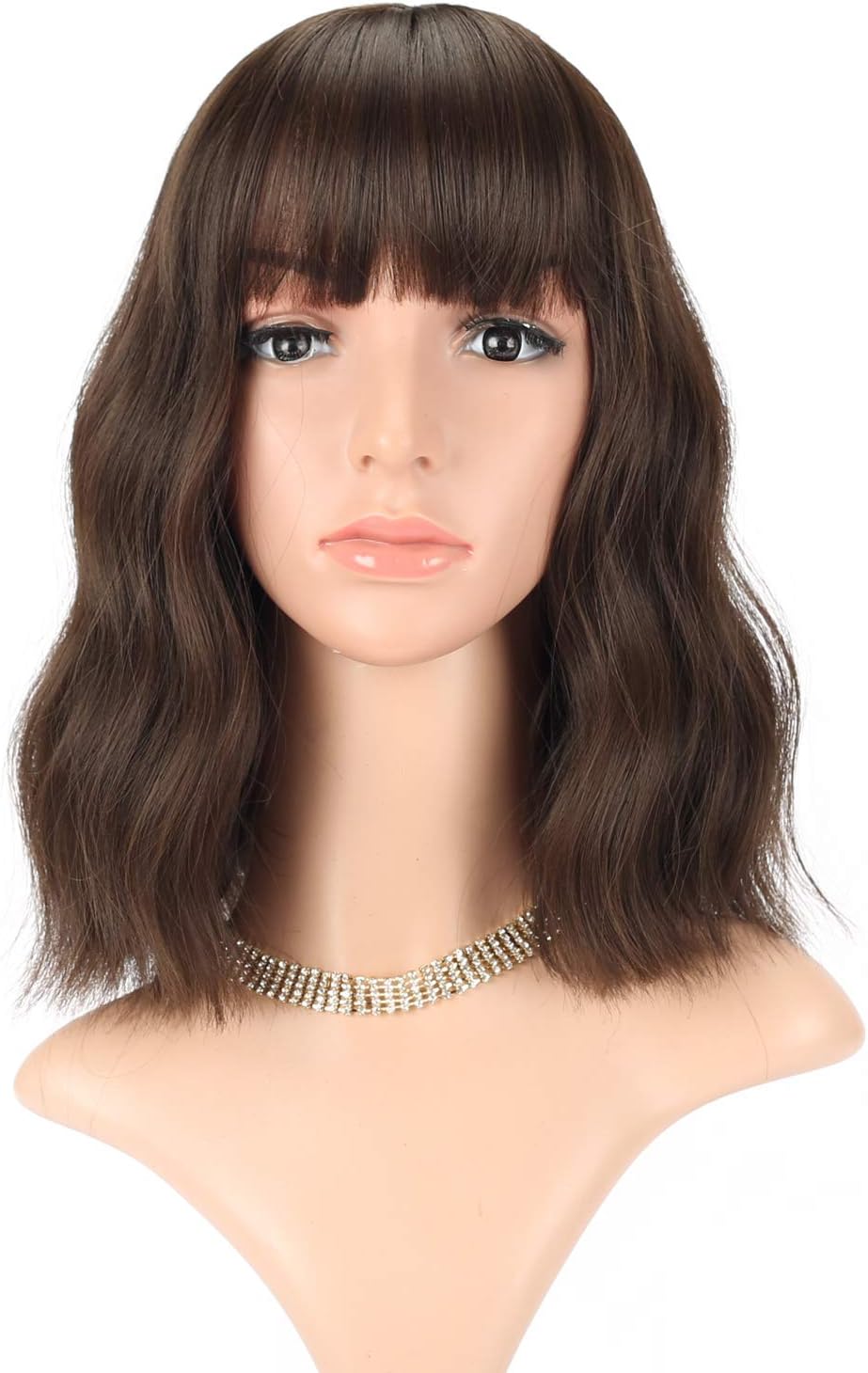 FAELBATY Short Bob Wigs With Air Bangs Shoulder Length For Women Curly Wavy Synthetic Cosplay Wig for Girl Costume Wigs Natural Black Dark Brown Color 12" - Image 3