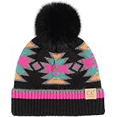 C.C Kids Southwest Pattern Fur Pom Beanie for Boys Girls - Comfortable Soft Warm Children Youth Knit Skully Hat with Faux Pom