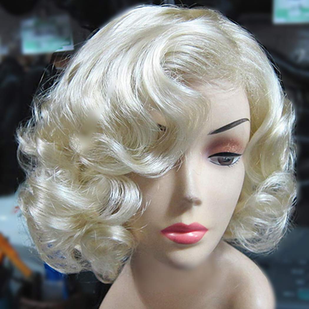 TANTAKO Short light blonde Vintage Wig for Women 20s 30s Curly Synthetic Halloween Carnival